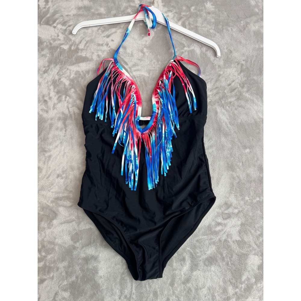 Ocean Pacific OP One Piece Swimsuit Black Red White‎ Blue Fringe Halter OPS36124